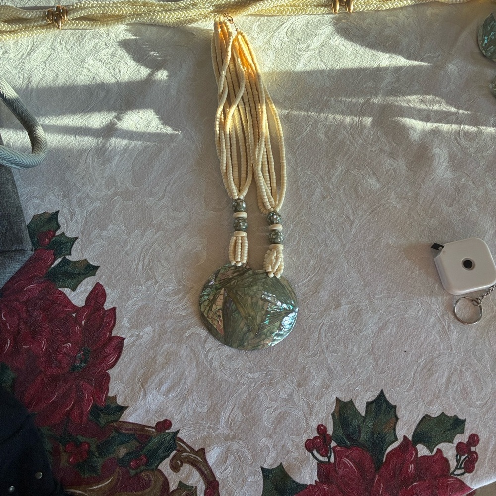 Iridescent Shell Pendant Necklace, Earrings & Matching Belt